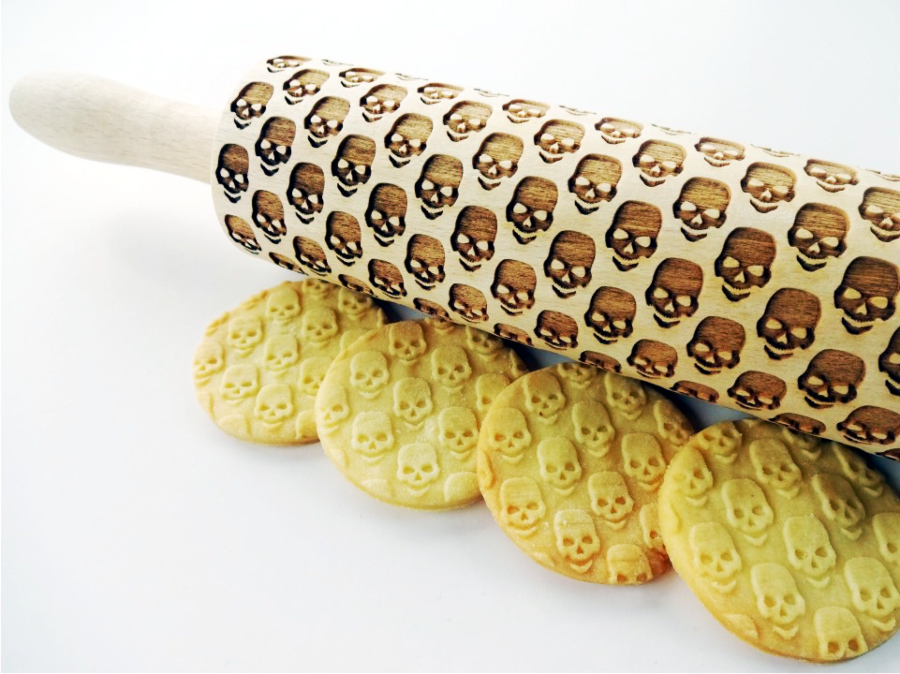 Engraved SKULLS rolling pin wooden laser cut pattern unique design