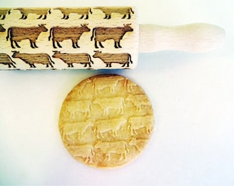 Kid embossing rolling pin COWS. Birthday gift for kid. Laser engraved dough roller with funny cows