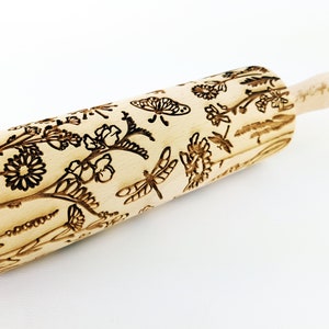 MEADOW embossing Rolling pin Wooden embossed dough roller with wild flowers for embossed cookies and pottery by Algis Crafts image 2