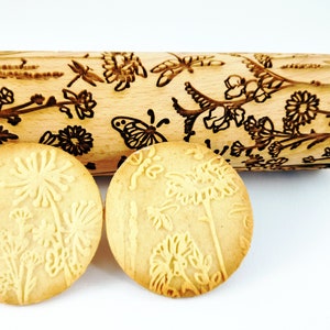 MEADOW embossing Rolling pin Wooden embossed dough roller with wild flowers for embossed cookies and pottery by Algis Crafts image 5