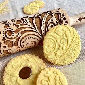 SPRING Embossing Rolling Pin. Flowers hearts and butterflies pattern. Engraved dough roller for embossed cookies and Pottery by Algis Crafts image 3