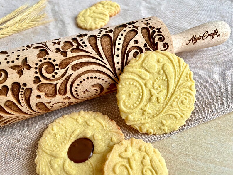 SPRING Embossing Rolling Pin. Flowers hearts and butterflies pattern. Engraved dough roller for embossed cookies and Pottery by Algis Crafts image 3