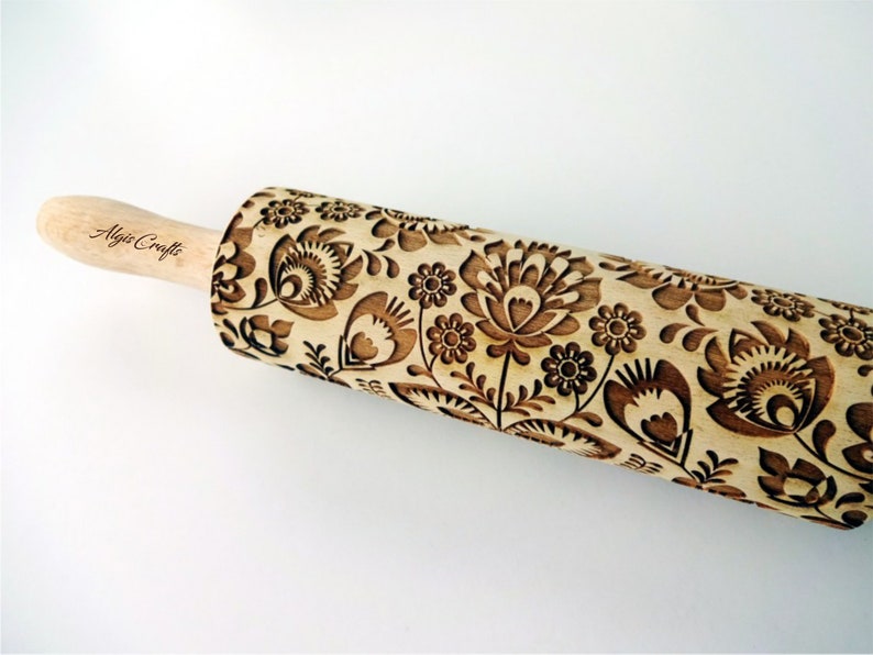 Folk Embossing Rolling Pin. FOLK pattern. Engraved dough roller for embossed cookies and Pottery by Algis Crafts image 4