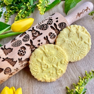 EASTER BUNNIES Embossing Rolling Pin. Engraved roller with Easter rabbits and eggs for embossed cookies by Algis Crafts