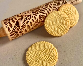 Mountains Embossed Rolling Pin, Birch Wood Dough Roller for Cookies and Pottery