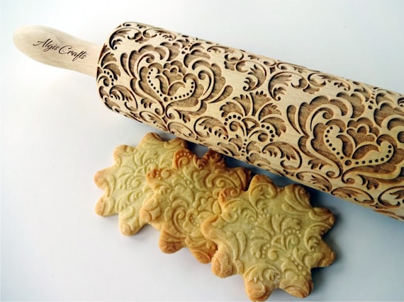 Birthday gift for mother Embossed cookies Laser cut embossed dough roller with flowers FOLK Embossing Rolling pin Pottery 