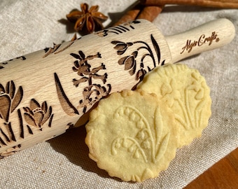 SPRING FLOWERS kids rolling pin. Textured Dough Roller with  Spring Flower Patterns for Cookies and Pottery by Algis Crafts