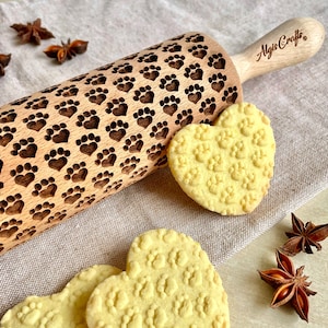 PAW HEART Embossed Rolling Pin for dog and cat lovers. Engraved roller with dog's cat's footprint in heart shape for embossed treats image 1