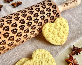 PAW- HEART Embossed Rolling Pin for dog and cat lovers. Engraved roller with dog's cat's footprint in heart shape for embossed treats