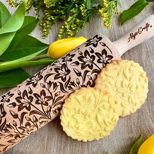 TULIPS Embossing Rolling Pin. Engraved dough roller for embossed cookies and Pottery by Algis Crafts