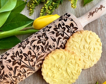 TULIPS Embossing Rolling Pin. Engraved dough roller for embossed cookies and Pottery by Algis Crafts