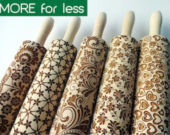 5 ANY pattern Rolling Pin SET. Lazer engraved embossing rolling pins for homemade cookies. Choose your patterns!