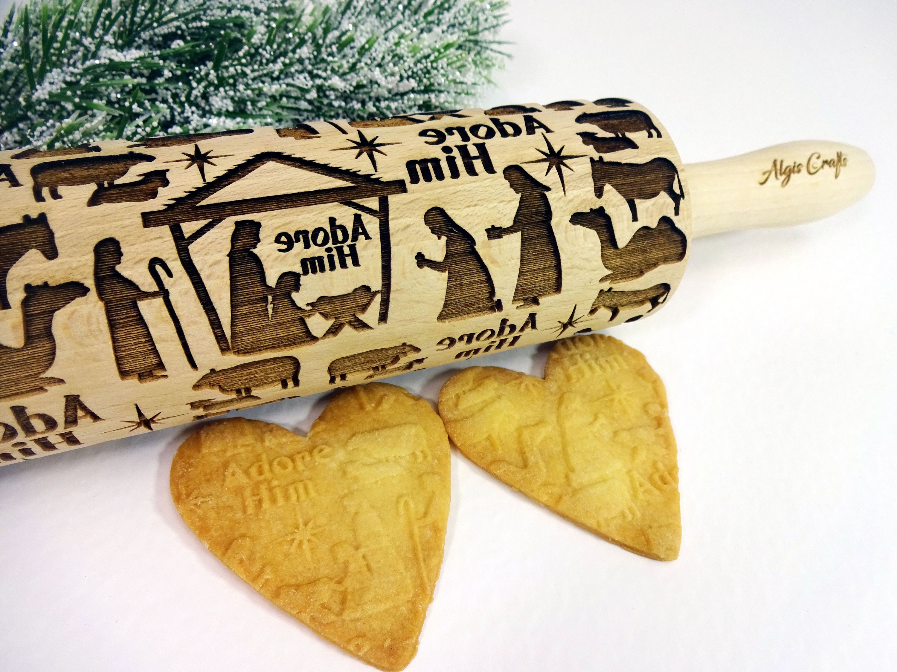Nativity Pattern Christmas Wooden Embossing Rolling Pin with 9 Different Scene for Baking Embossed Cookies