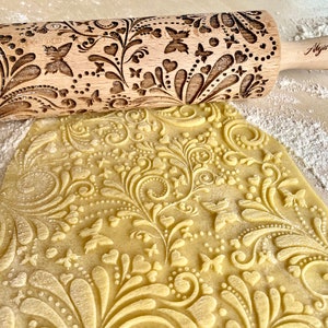 SPRING Embossing Rolling Pin. Flowers hearts and butterflies pattern. Engraved dough roller for embossed cookies and Pottery by Algis Crafts image 2