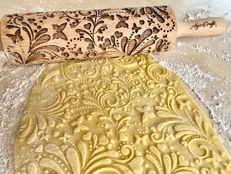 SPRING Embossing Rolling Pin. Flowers hearts and butterflies pattern. Engraved dough roller for embossed cookies and Pottery by Algis Crafts image 2