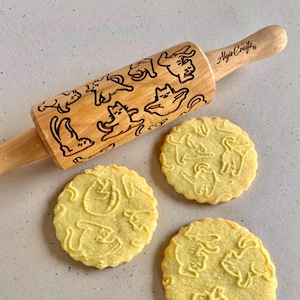 YOGA CATS Pattern Embossing Rolling Pin. Engraved Dough Roller with Kitties for Embossed Cookies or Ceramic