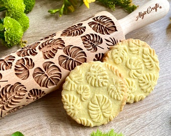 MONSTERA pattern Embossing Rolling Pin. Engraved Dough Roller with MONSTERA leaves for Embossed Cookies and Pottery by Algis Crafts