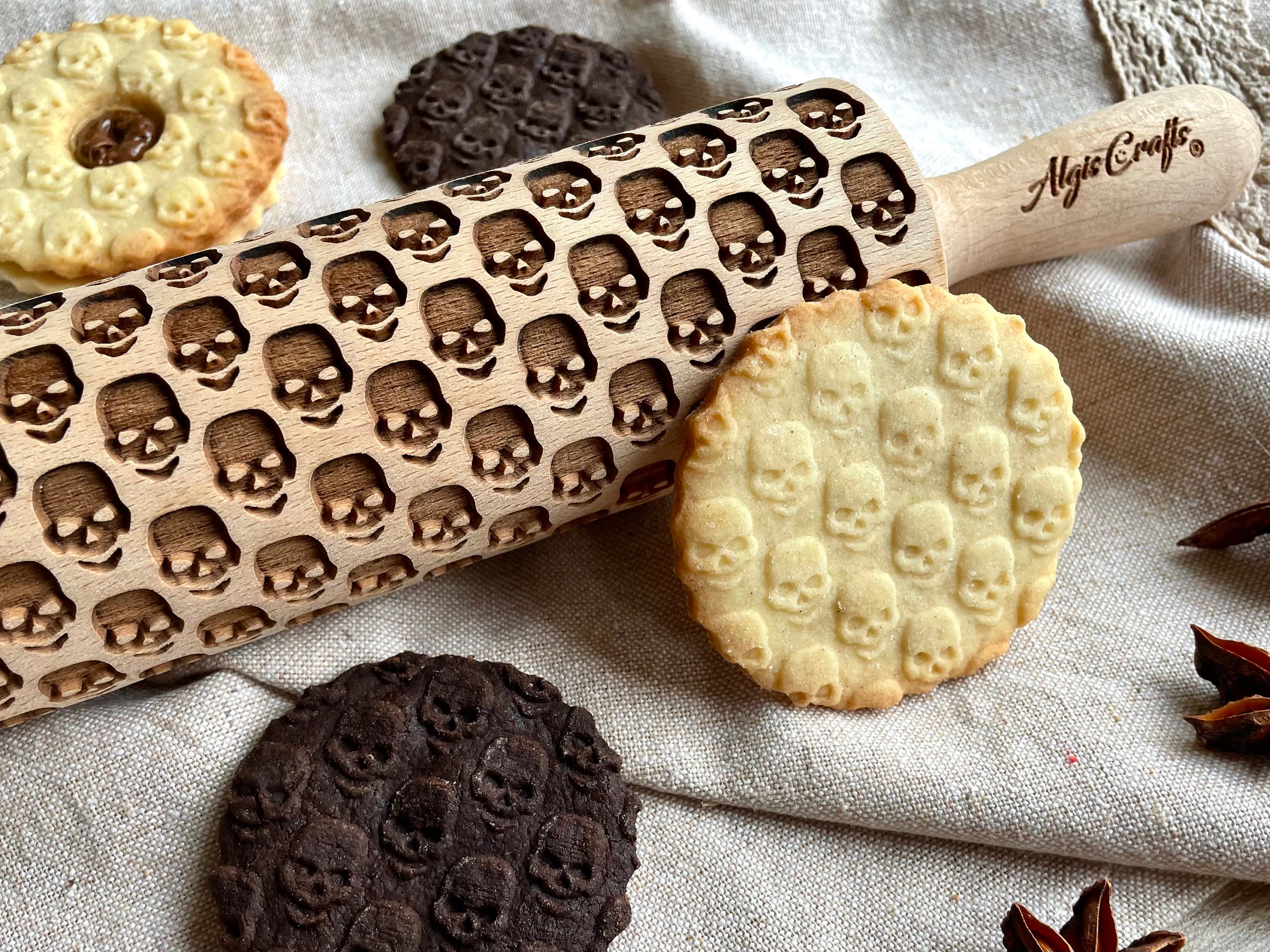 SKULLS Embossing Rolling Pin. Engraved Dough Roller for Embossed Cookies and Pottery by Algis Crafts Halloween