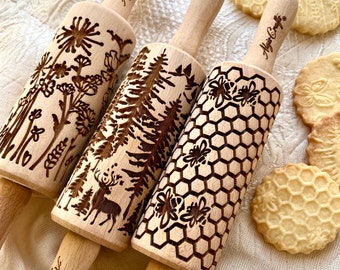 WILD,  3 Kid Embossed Rolling Pin SET. Wooden Laser Cut Mini Rolling Pins for cookies, play dough, salt dough or clay