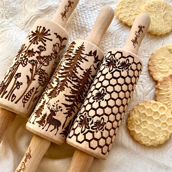 WILD,  3 Kid Embossed Rolling Pin SET. Wooden Laser Cut Mini Rolling Pins for cookies, play dough, salt dough or clay