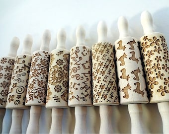 2 or 3 ANY Pattern KIDS Rolling pin SET.  Wooden Laser Cut Mini Embossing Rolling Pins for cookies, play dough, salt dough or clay