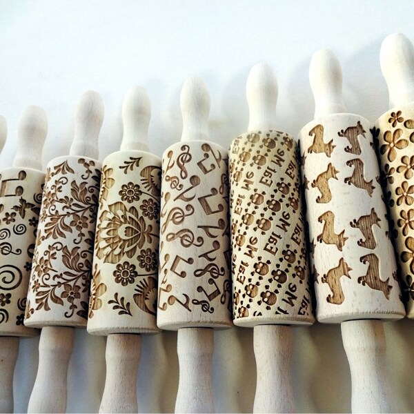 2 or 3 ANY Pattern KIDS Rolling pin SET.  Wooden Laser Cut Mini Embossing Rolling Pins for cookies, play dough, salt dough or clay