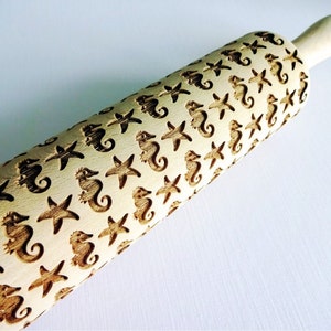 SEAHORSE pattern Embossing Rolling Pin. Engraved rolling pin with seahorse for embossed cookies. Animals