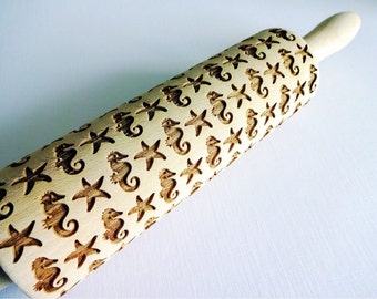 SEAHORSE pattern Embossing Rolling Pin. Engraved rolling pin with seahorse for embossed cookies. Animals