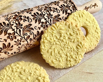 FLORAL WREATH Embossing Rolling Pin. Flower pattern. Engraved dough roller for embossed cookies and Pottery by Algis Crafts