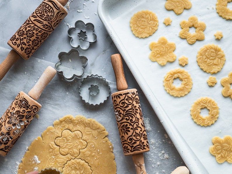 FLORET, 3 Kid Rolling pin SET. Wooden Laser Cut Mini Rolling Pins for cookies, play dough, salt dough or clay image 3