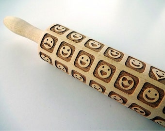 SMILES pattern Embossing Rolling Pin. Engraved rolling pin with SMILEY FACES. Fun gift for friend.