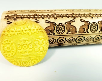 EASTER HARE Embossed Rolling Pin. Engraved wooden dough roller with rabbits, eggs flowers for embossed cookies by Algis Crafts