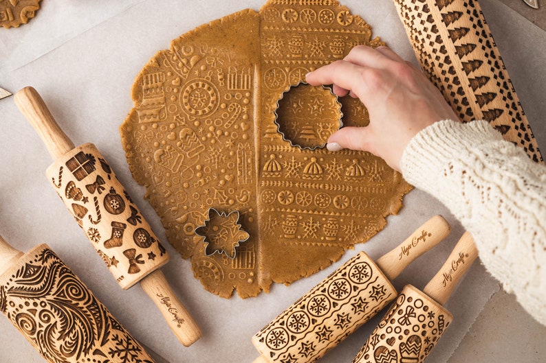 CHRISTMAS FUN 3 Kid Embossing Rolling pin SET. Christmas tree. Snowflake. Winter. Star. Gingerbread. Children Rolling Pin for cookies image 5