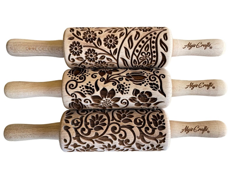 FLORET, 3 Kid Rolling pin SET. Wooden Laser Cut Mini Rolling Pins for cookies, play dough, salt dough or clay image 2