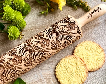 RAINFOREST pattern Embossing Rolling Pin. Engraved Dough Roller for Embossed Cookies and Pottery by Algis Crafts