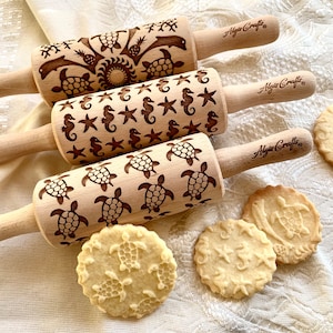 SEA  3 KID Rolling pin SET Wooden Laser Cut Mini Rolling Pins for cookies play dough salt dough or clay Hawaii Sea Horse Turtle