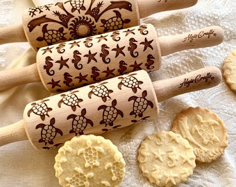 SEA  3 KID Rolling pin SET Wooden Laser Cut Mini Rolling Pins for cookies play dough salt dough or clay Hawaii Sea Horse Turtle