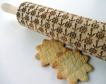 MARINE Embossing Rolling Pin. Ocean Pattern. ANCHOR and HELM. Laser engraved rolling pin **Sea**