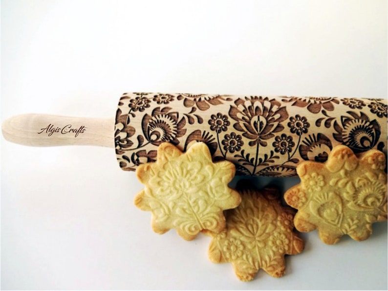 Folk Embossing Rolling Pin. FOLK pattern. Engraved dough roller for embossed cookies and Pottery by Algis Crafts image 1