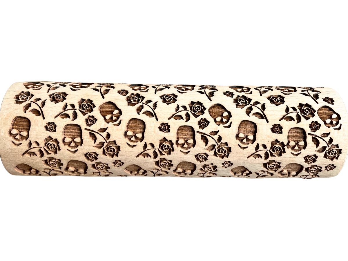 SUGAR SKULL and ROSESEmbossing Rolling Pin. Engraved Dough Roller for Embossed Cookies and Pottery by Algis Crafts **Halloween**