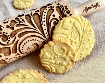 Spring Embossing Rolling Pin: Hearts, Flowers, Butterflies Dough Roller. Birch Wood.