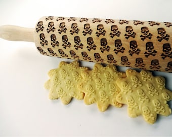 SKULLS and CROSSBONES Embossing Rolling Pin. Pattern with skulls. Laser engraved rolling pin. Death's-head pattern rolling pin