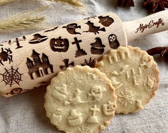 HALLOWEEN COMPANY Embossed Rolling Pin Mini Size. Textured Dough Roller for Halloween Cookies and Pottery by Algis Crafts