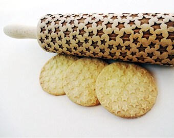 STARS Embossing Rolling Pin. Laser engraved rolling pin. Star pattern rolling pin. Christmas. Cookie cutter. Winter baking.