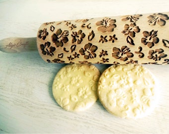 Rolo de massa para relevo de hibisco, biscoito floral, carimbo para cerâmica, madeira de bétula