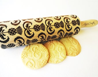 THISTLES Embossing Rolling Pin. Thistle flower pattern. Engraved dough roller for embossed cookies and Pottery by Algis Crafts