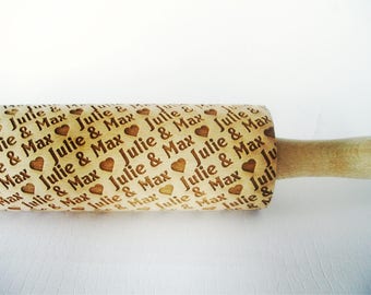 Personalized Rolling Pin - with COUPLE NAMES.  Embossing rolling pin. Gift for wedding. Lazer engraved for homemade embossed cookies