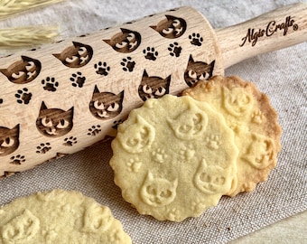 PUSSY CAT mini Embossing Rolling Pin for Cookies. Birthday and Christmas Gift for Cat Lovers from Dough Roller
