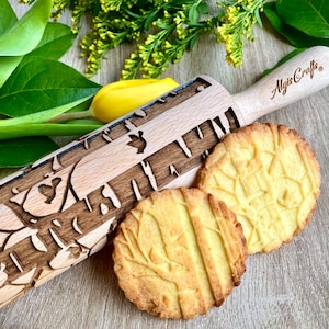 BIRCH  with Cardinals Embossing Rolling Pin. BIRCHES pattern. Engraved rolling pin for embossed cookies or pasta by Algis Crafts