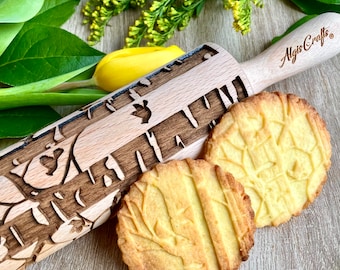Birch with  Cardinals Embossing Rolling Pin, Engraved Cookie & Pottery Roller